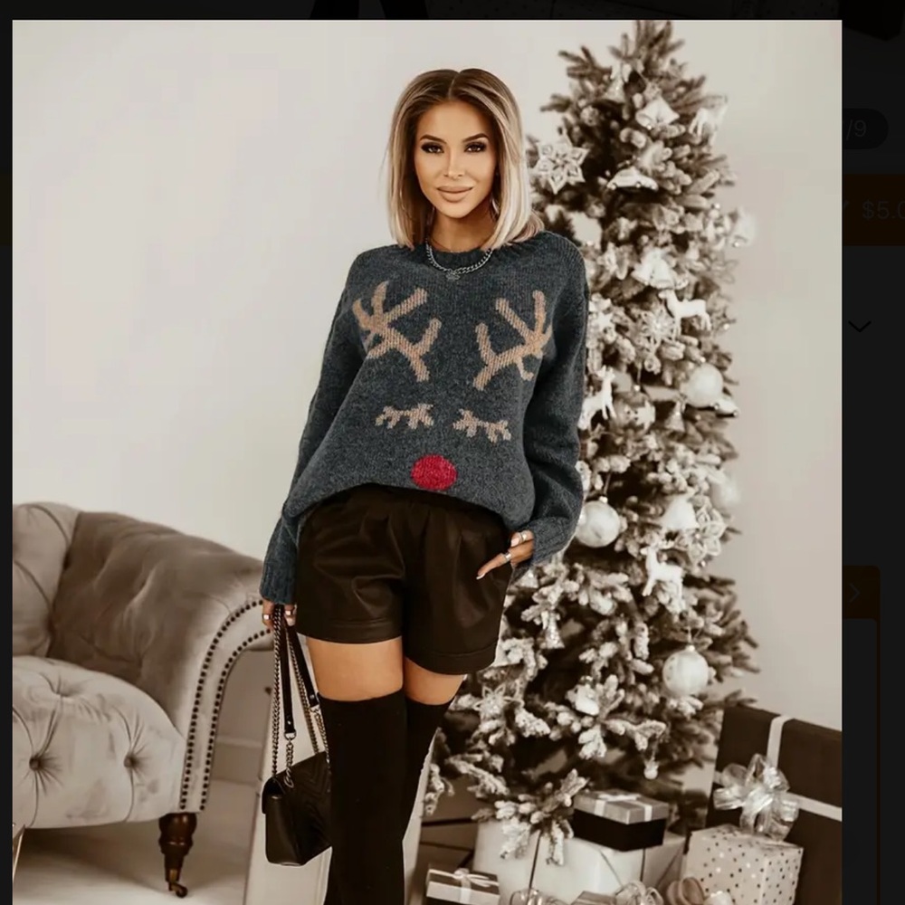 Red nosed Reindeer Christmas Sweater Glistening Antlers - Picture 3 of 15